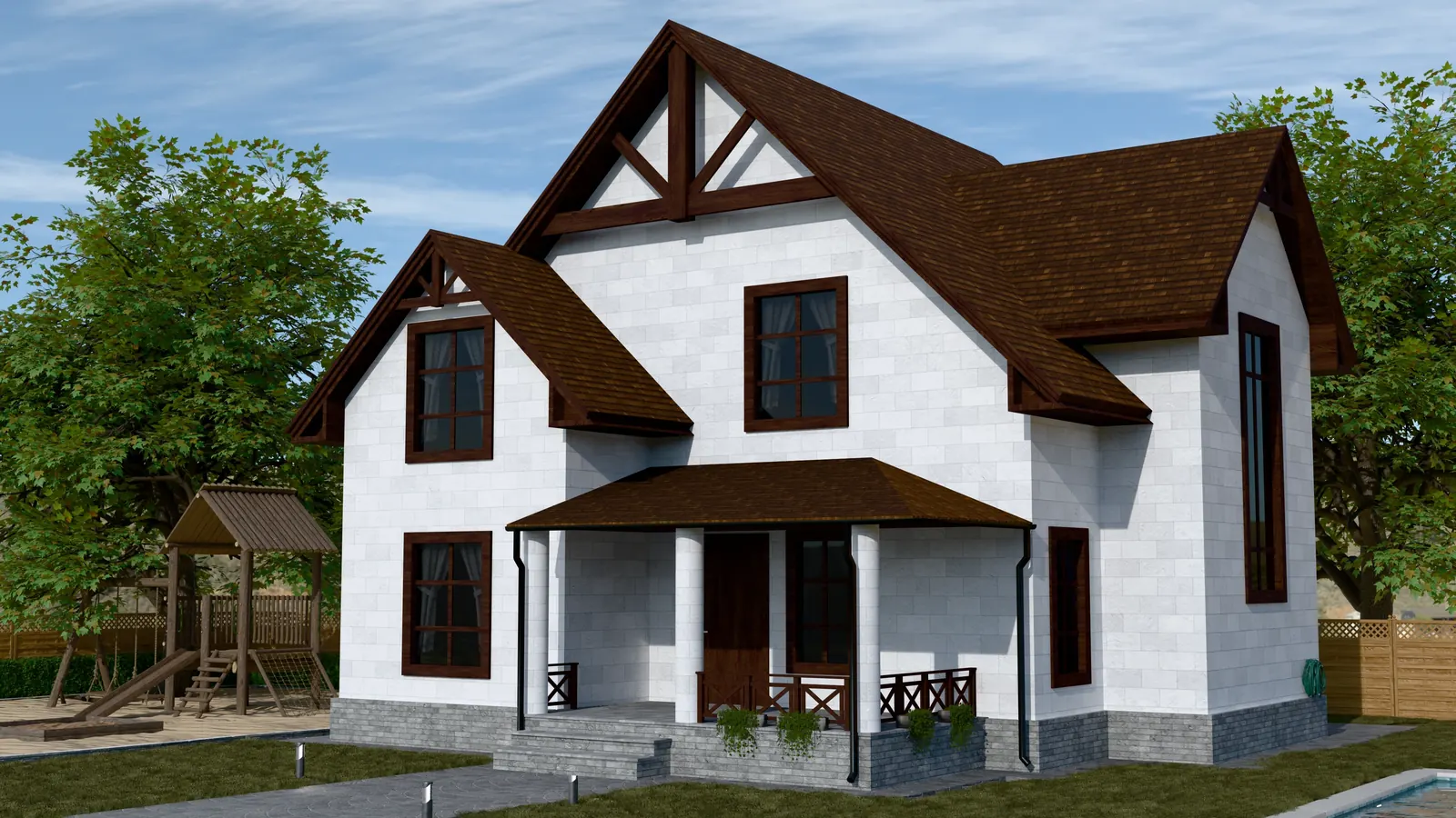 House clad in KORDEKO flexible stone — rendering