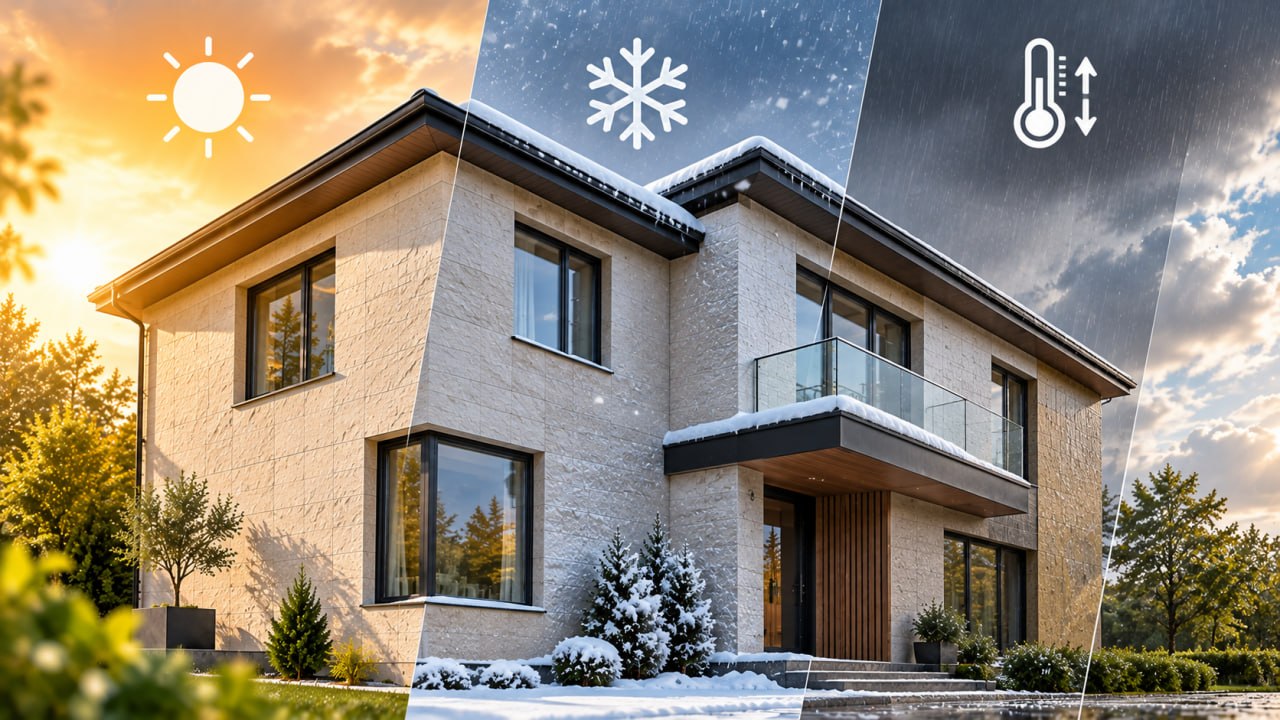 House in light flexible stone across three weather zones: hot sun, snow and frost, cold rain with a thermometer icon