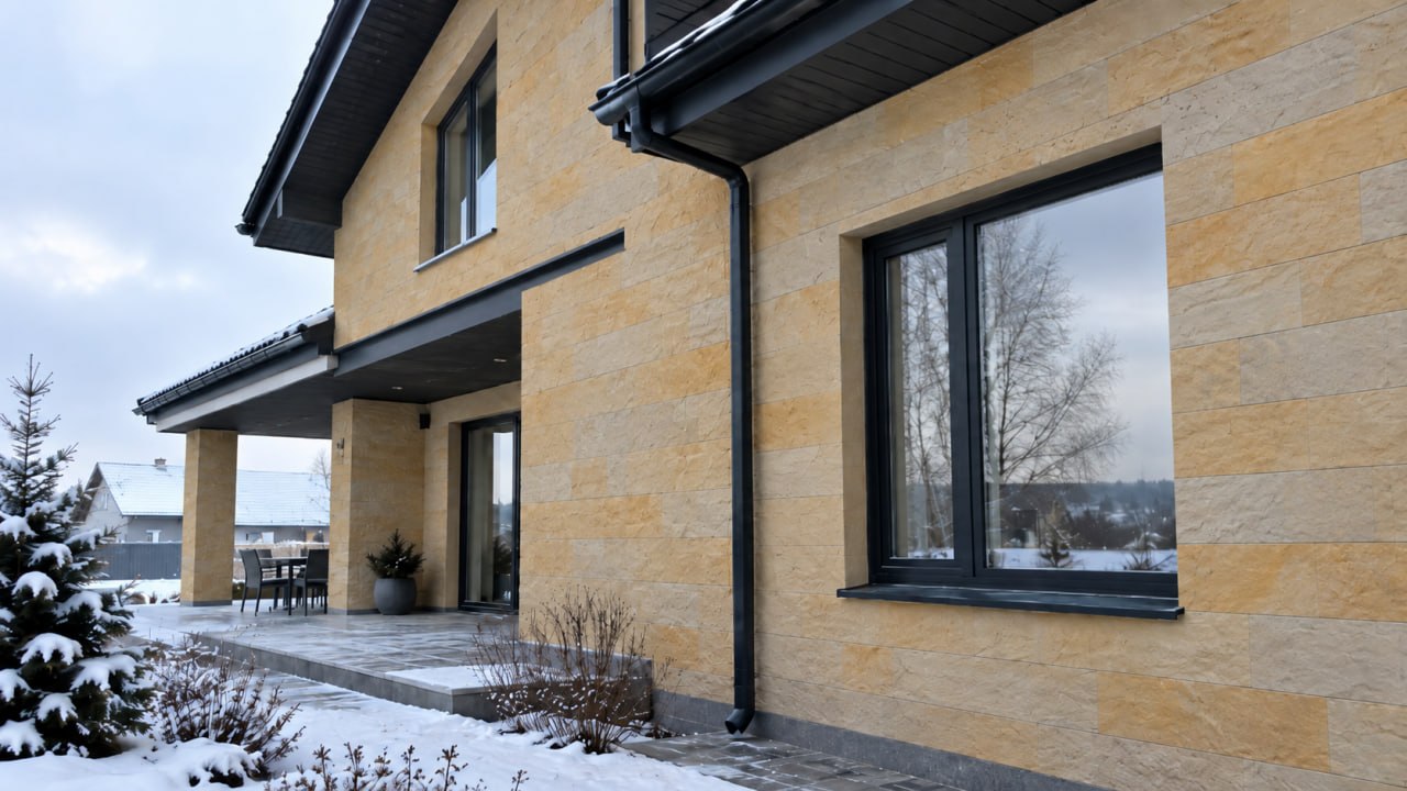 Two-storey house clad in beige flexible stone, black windows, a downpipe and a covered terrace in winter
