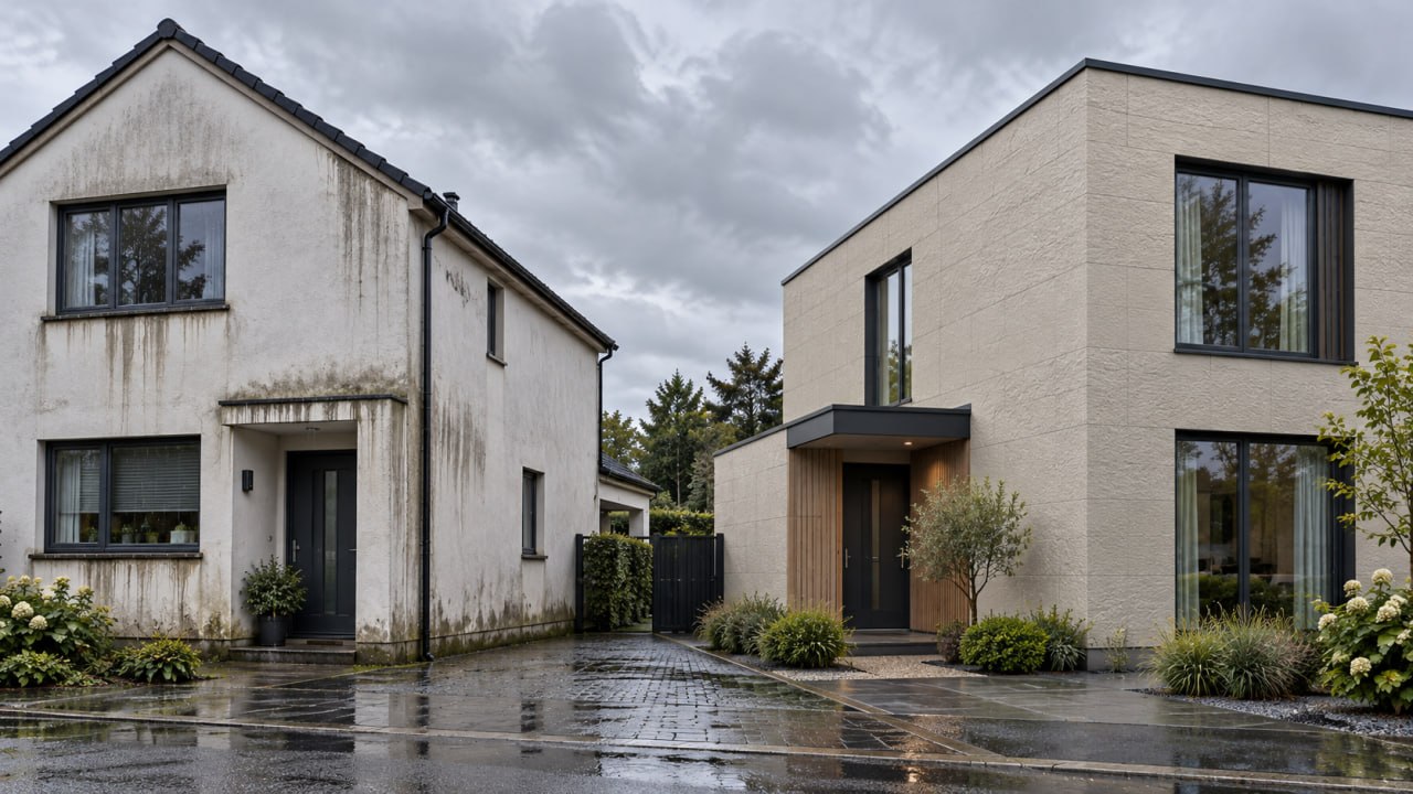Two houses in the rain: white plaster with dirty streaks under the windows, next to a clean beige facade in flexible tile