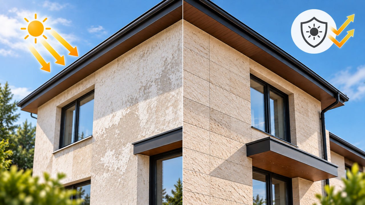 House corner before and after: faded, blotchy render on the left, even beige flexible stone on the right under bright sun