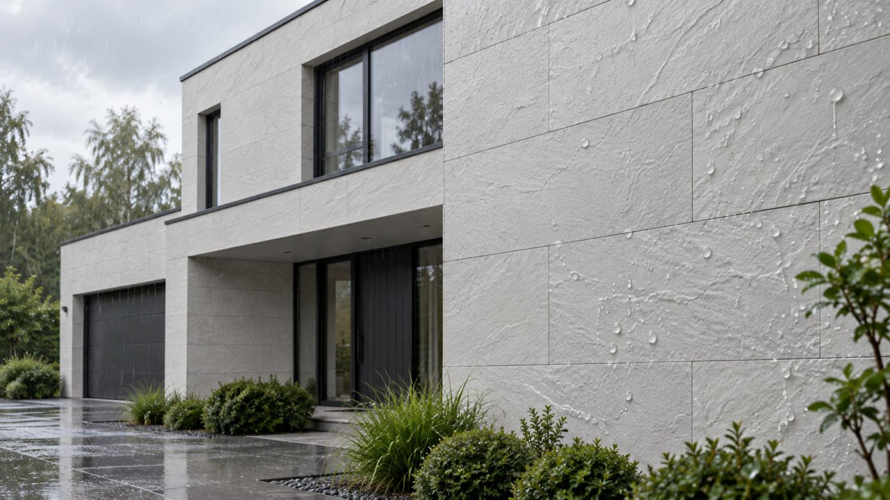 House in light grey flexible tile in the rain: water droplets beading on the textured facade surface by the entrance