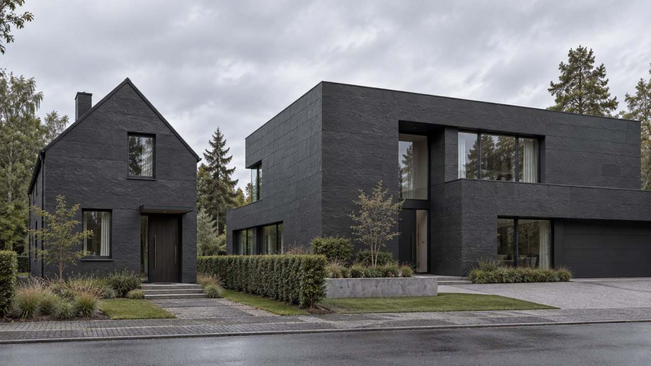 Two houses in dark flexible stone side by side: a small gabled house and a large flat-roofed villa