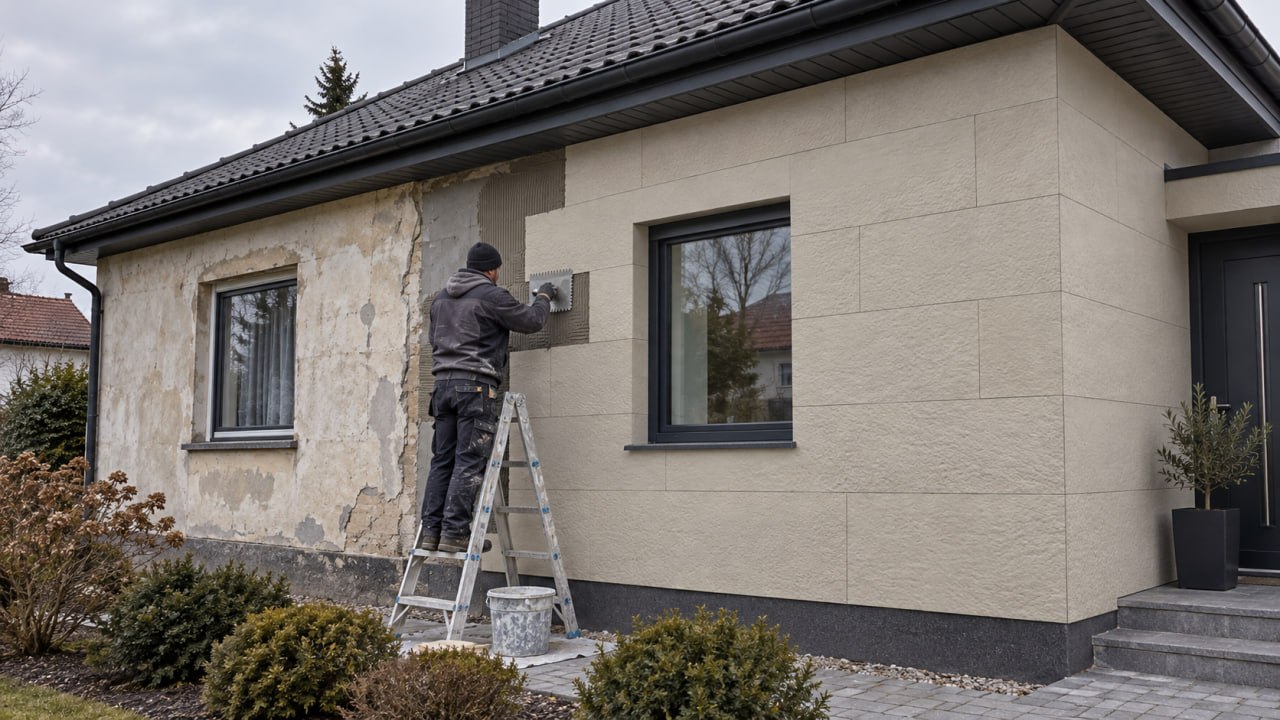 Worker on a stepladder applying adhesive over old plaster, half the house facade already clad in beige flexible stone