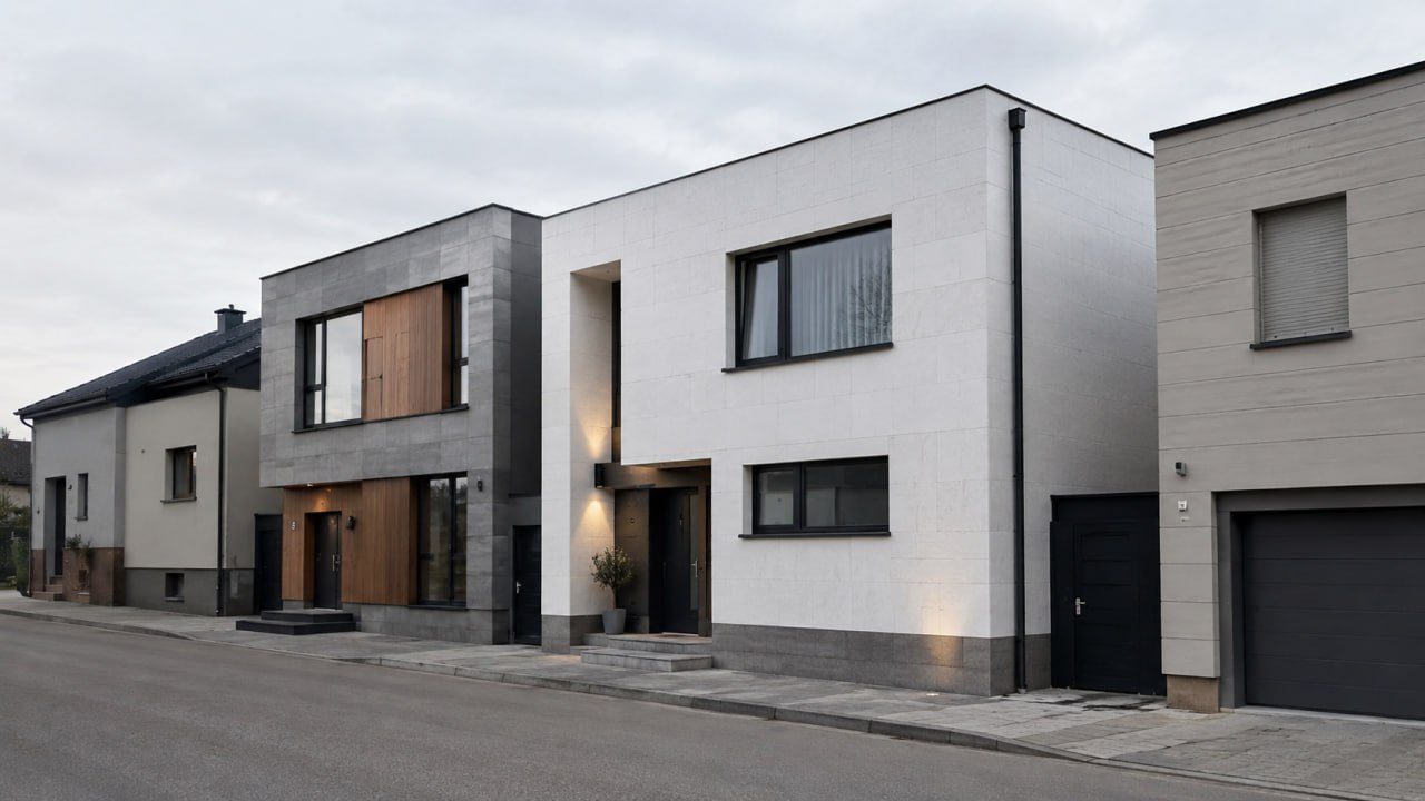 Facade clad with KORDEKO flexible panels: stone texture on the walls, plinth and corners of the entrance zone