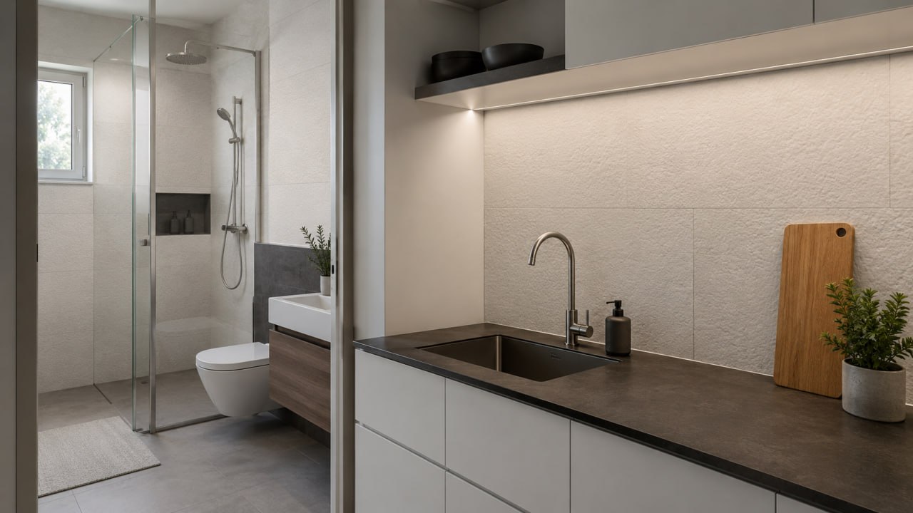 Accent wall in KORDEKO flexible panels with a stone texture in a modern bathroom, near the washbasin and mirror