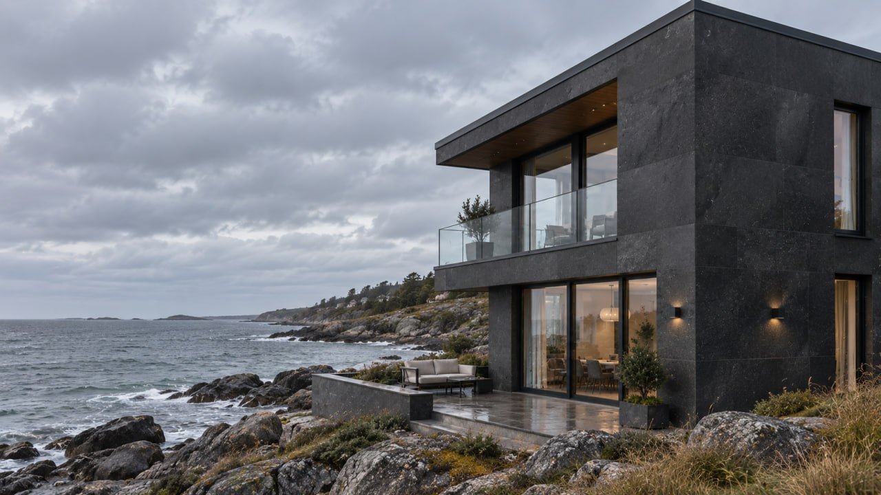 Seaside house façade clad in KORDEKO flexible stone, with plinth and corners protected against salt and damp