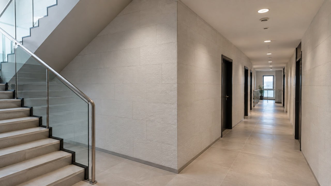 KORDEKO flexible panels in a public lobby — stone texture on the wall