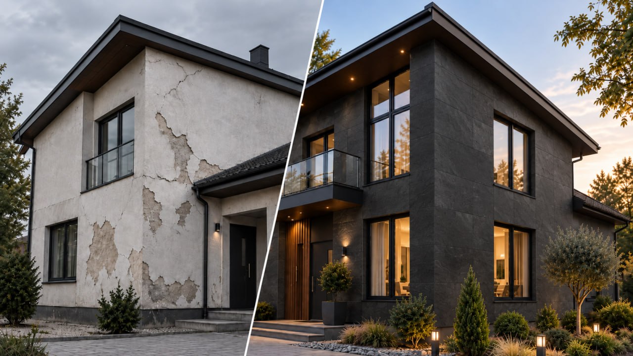 Façade comparison: cracked and peeling render on the left, KORDEKO dark stone-textured cladding on the right