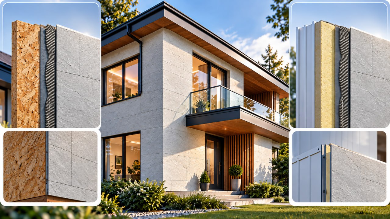 Two-storey house in white flexible stone with wall cut-aways: OSB and a sandwich panel with reinforcing mesh under cladding