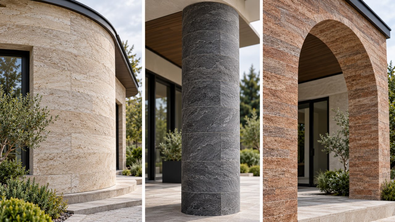 Three examples: a curved wall in beige travertine, a round column in dark stone and an arch in reddish stone